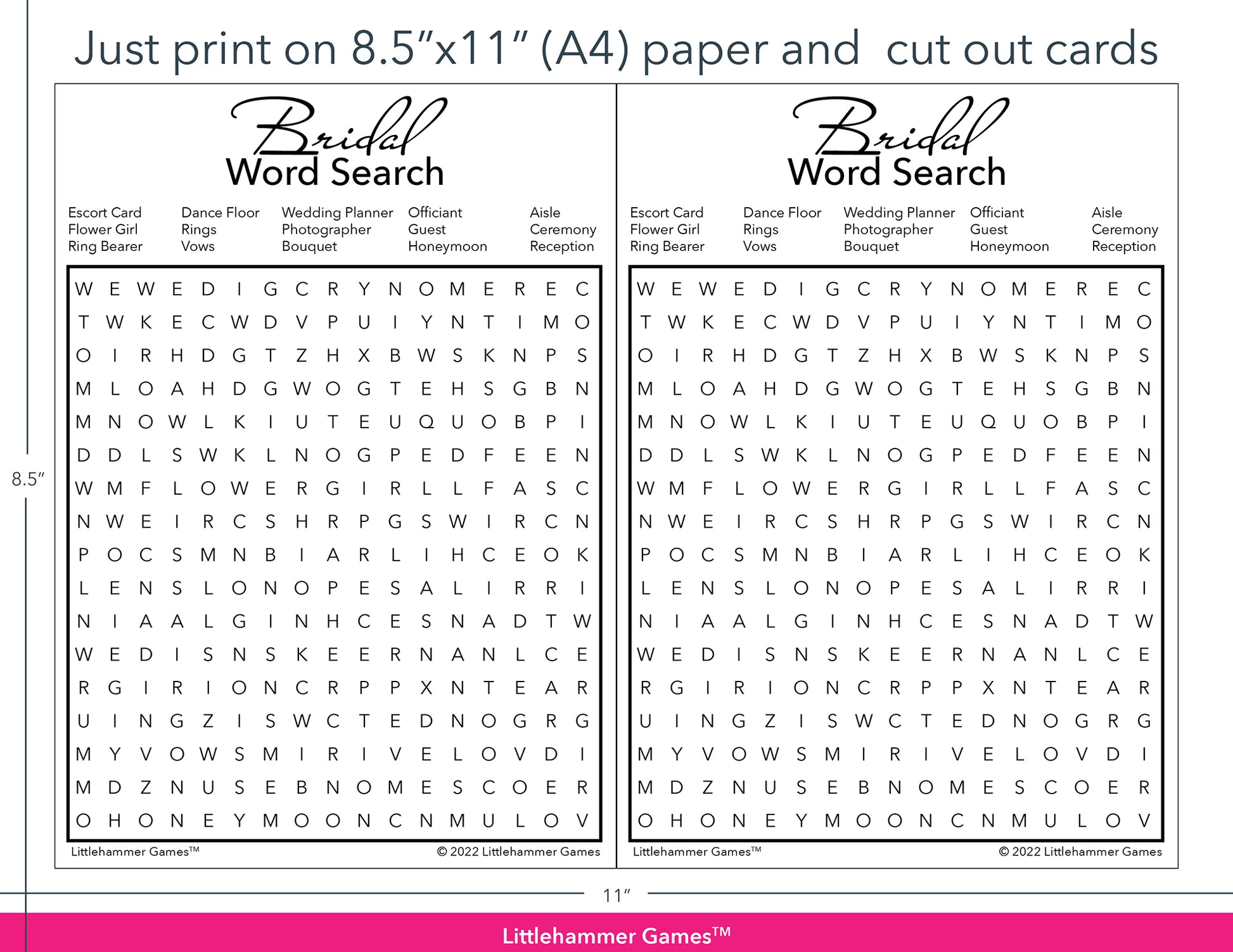 Bridal Word Search black and white game cards with printing instructions