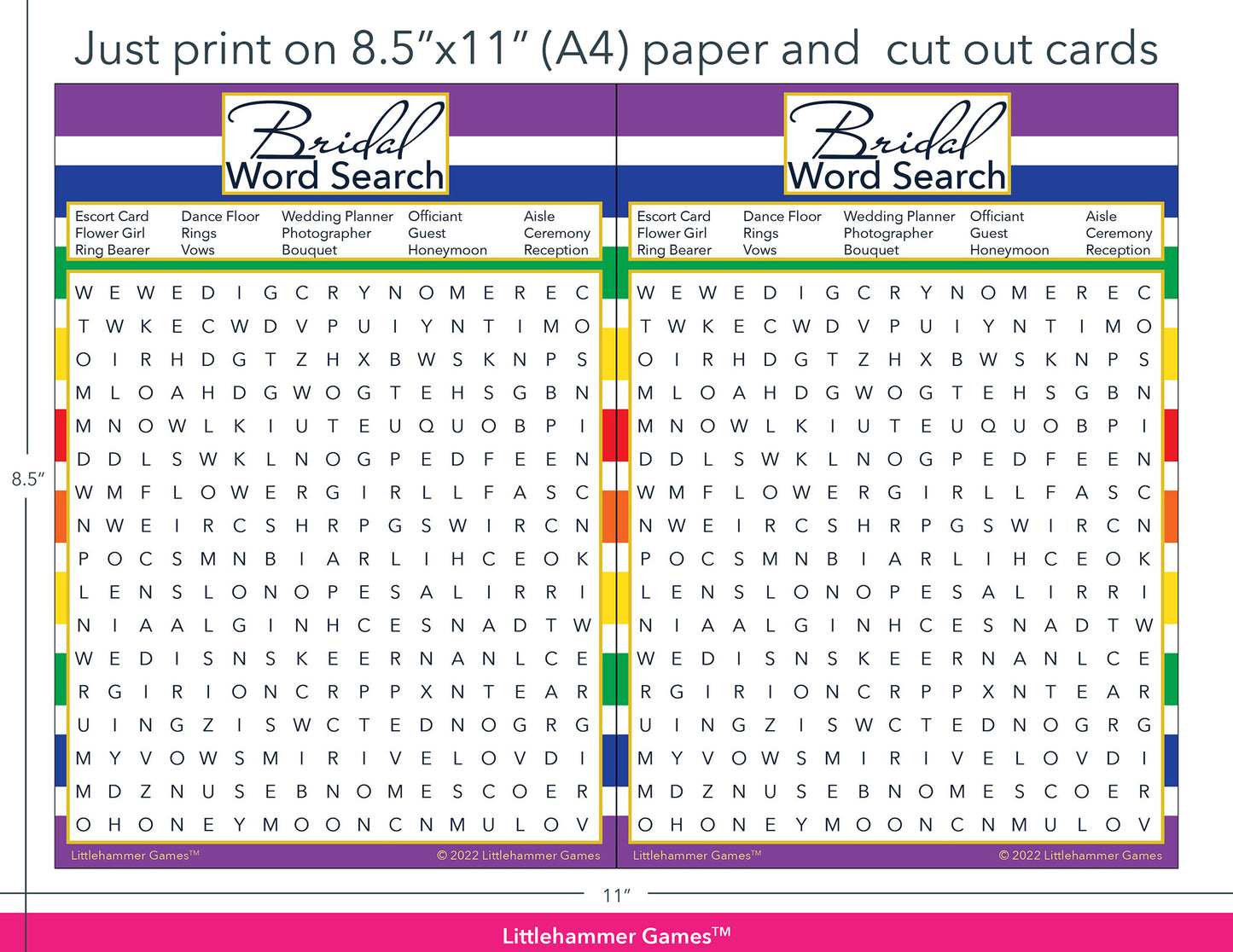 Bridal Word Search rainbow-striped game cards with printing instructions