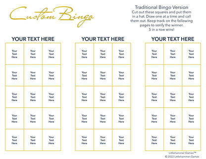 Custom Bingo calling card with gold text on a white background