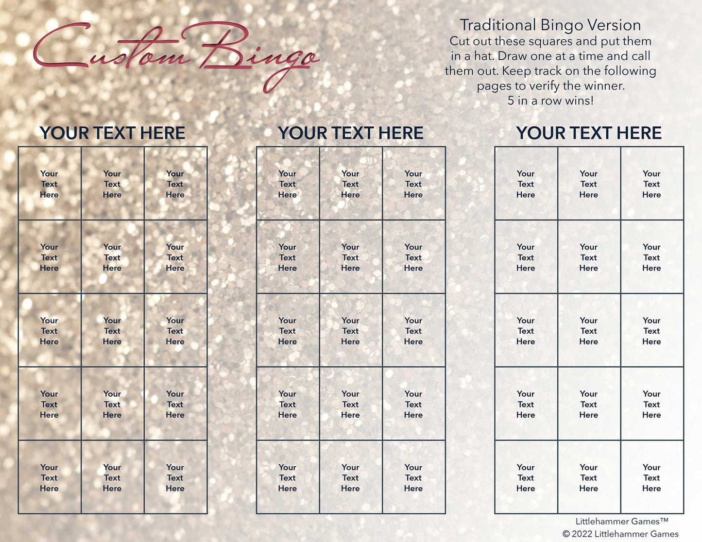 Custom Bingo calling card with a glittery rose gold background