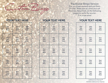 Custom Bingo calling card with a glittery rose gold background