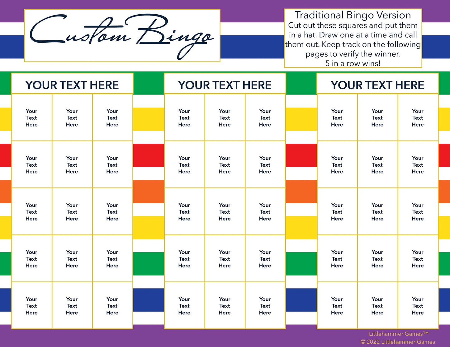 Custom Bingo calling card with a rainbow-striped background