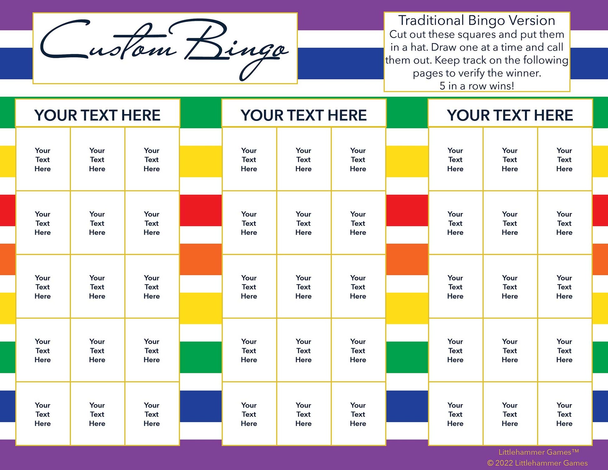 Custom Bingo calling card with a rainbow-striped background