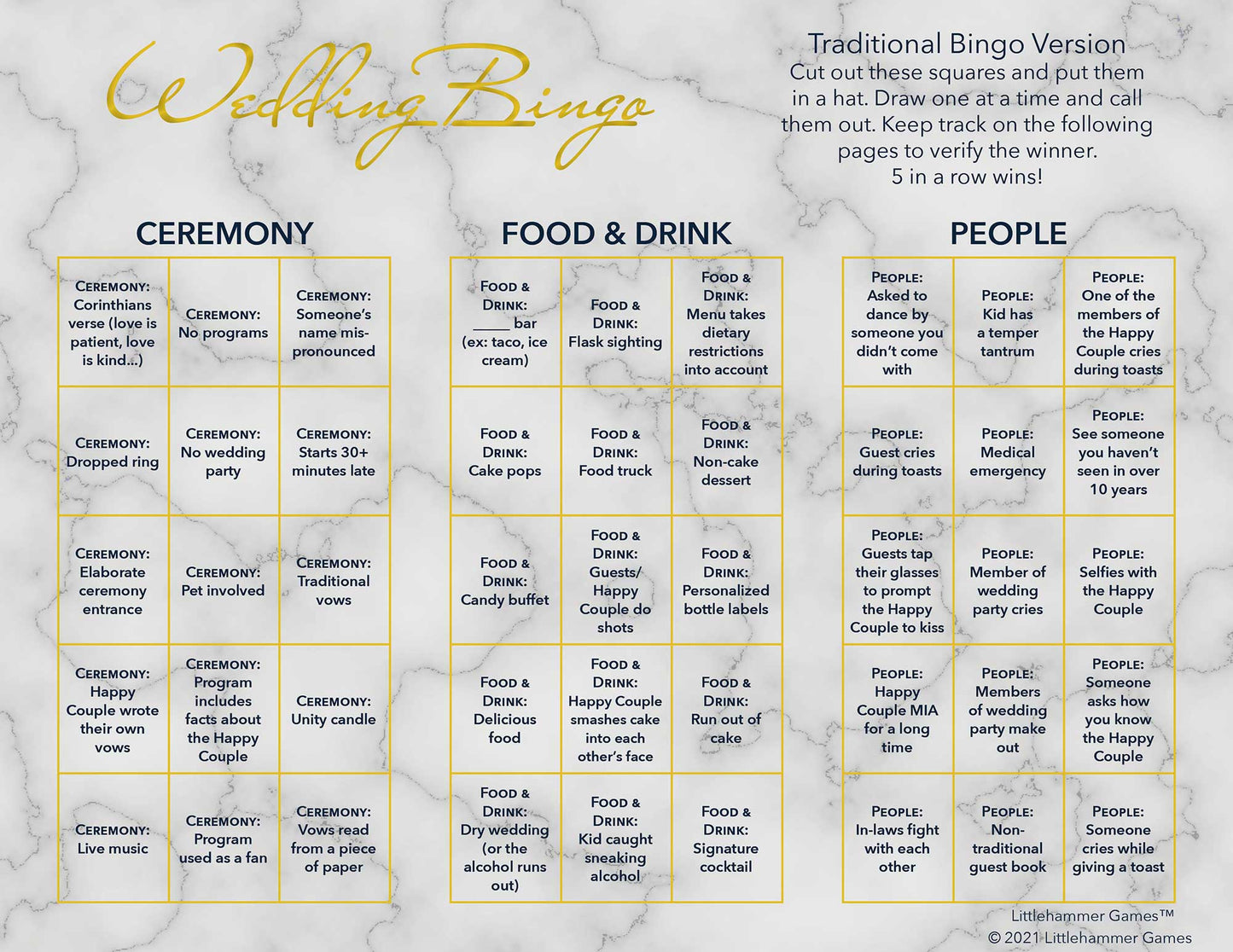 Wedding Bingo calling card on a gold and marble background