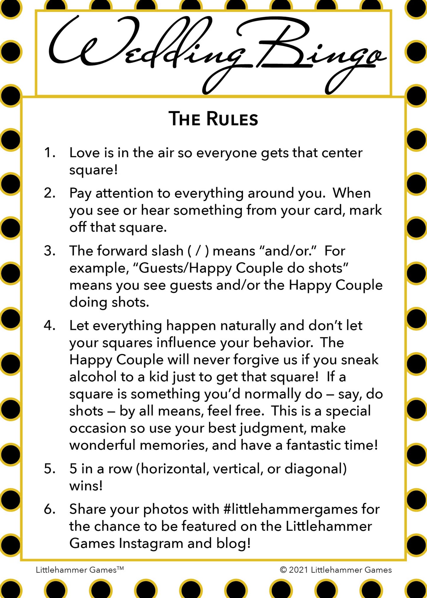 Wedding Bingo rules card on a black and gold polka dot background