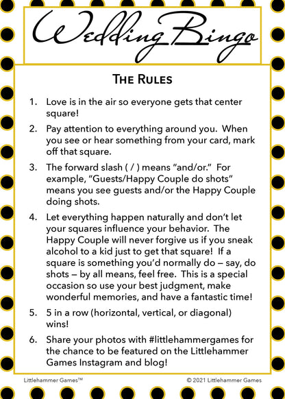 Wedding Bingo rules card on a black and gold polka dot background