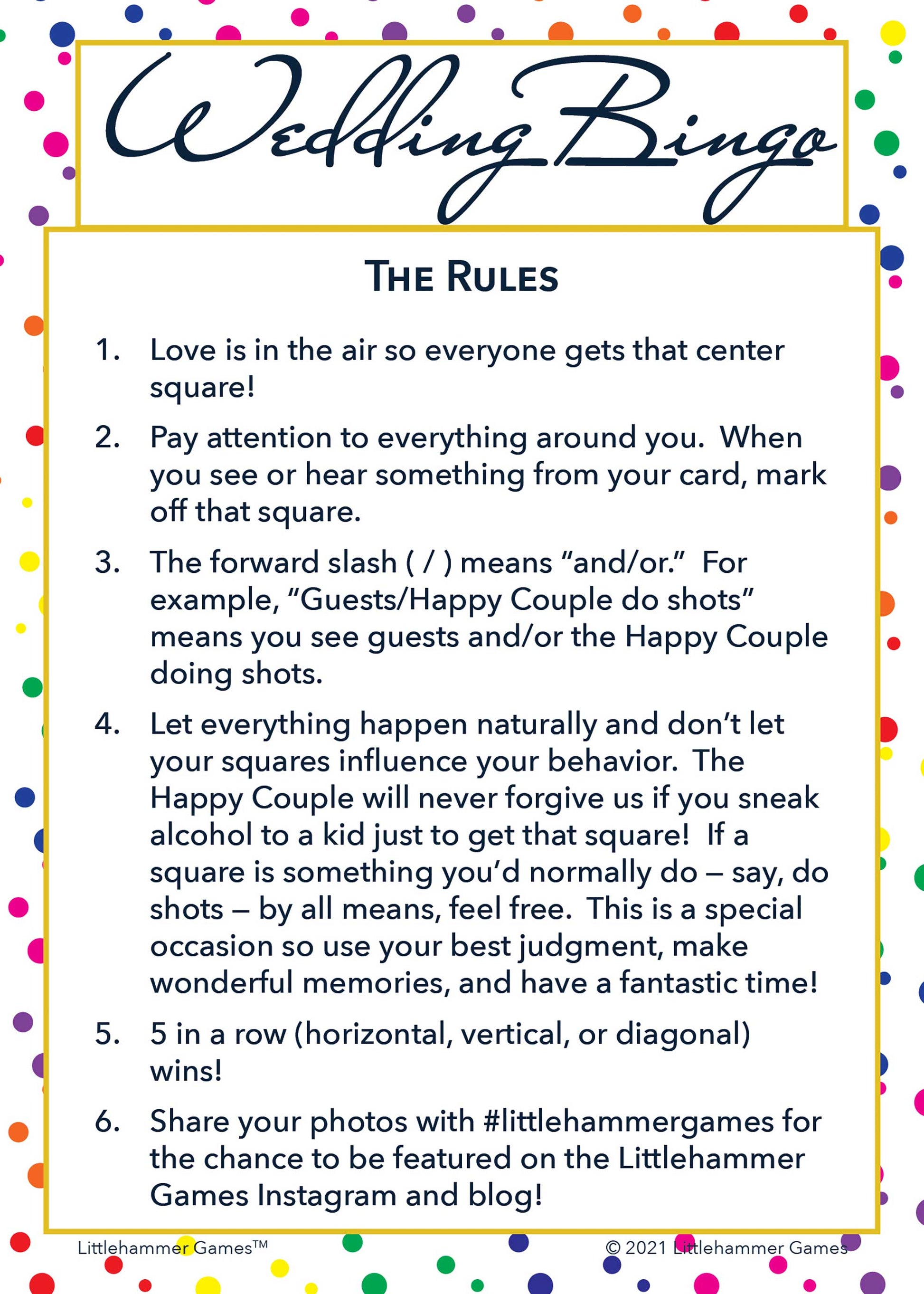 Wedding Bingo rules card on a rainbow polka dot background