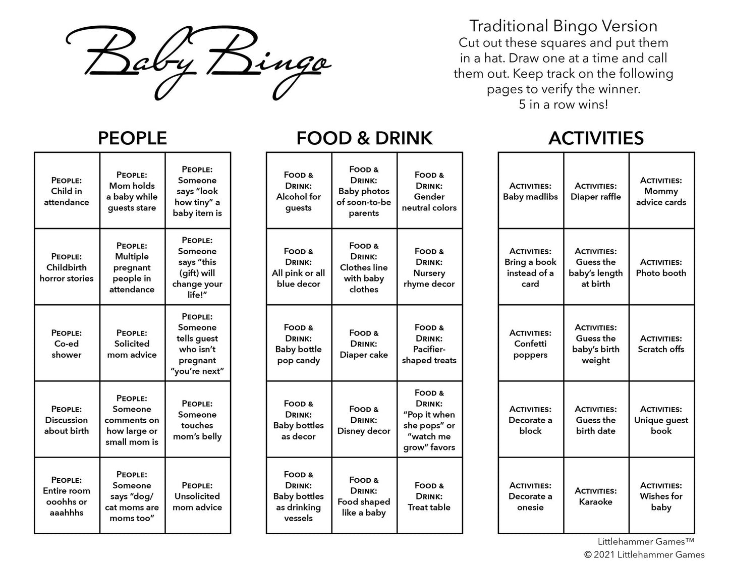 Baby Bingo calling card with with black text on a white background