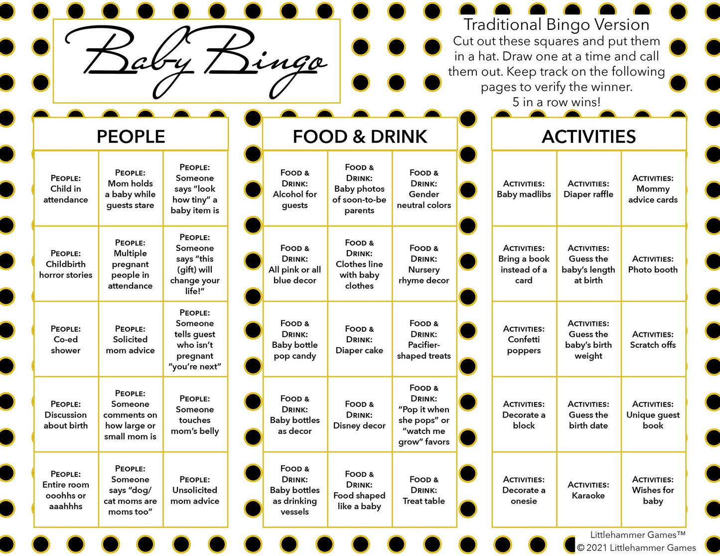 Baby Bingo calling card with a black and gold polka dot background