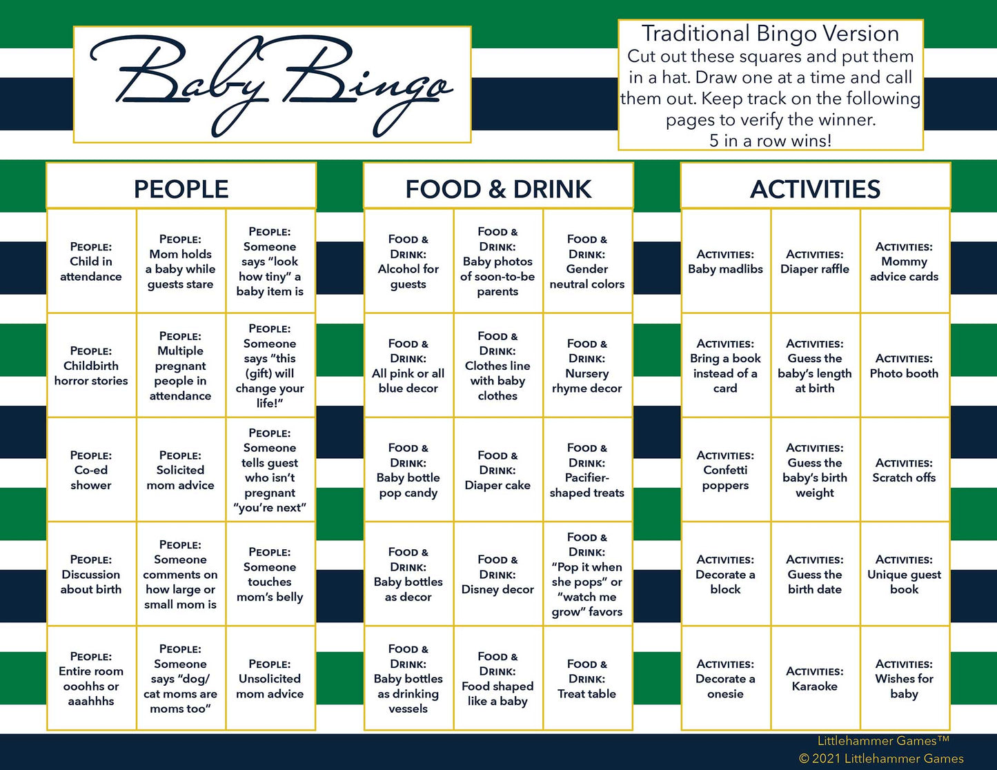 Baby Bingo calling card with a green and navy-striped background