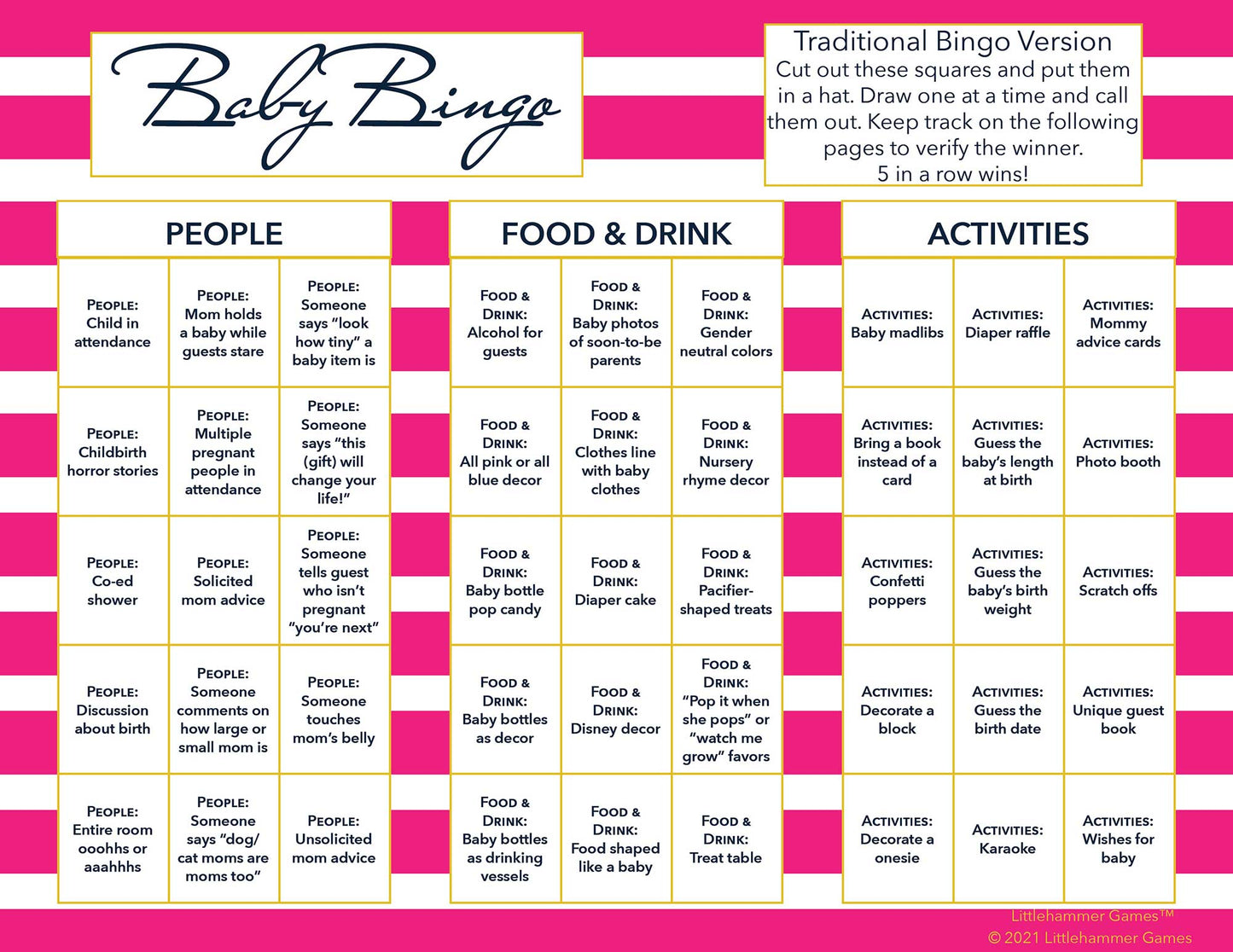 Baby Bingo calling card with a pink-striped background
