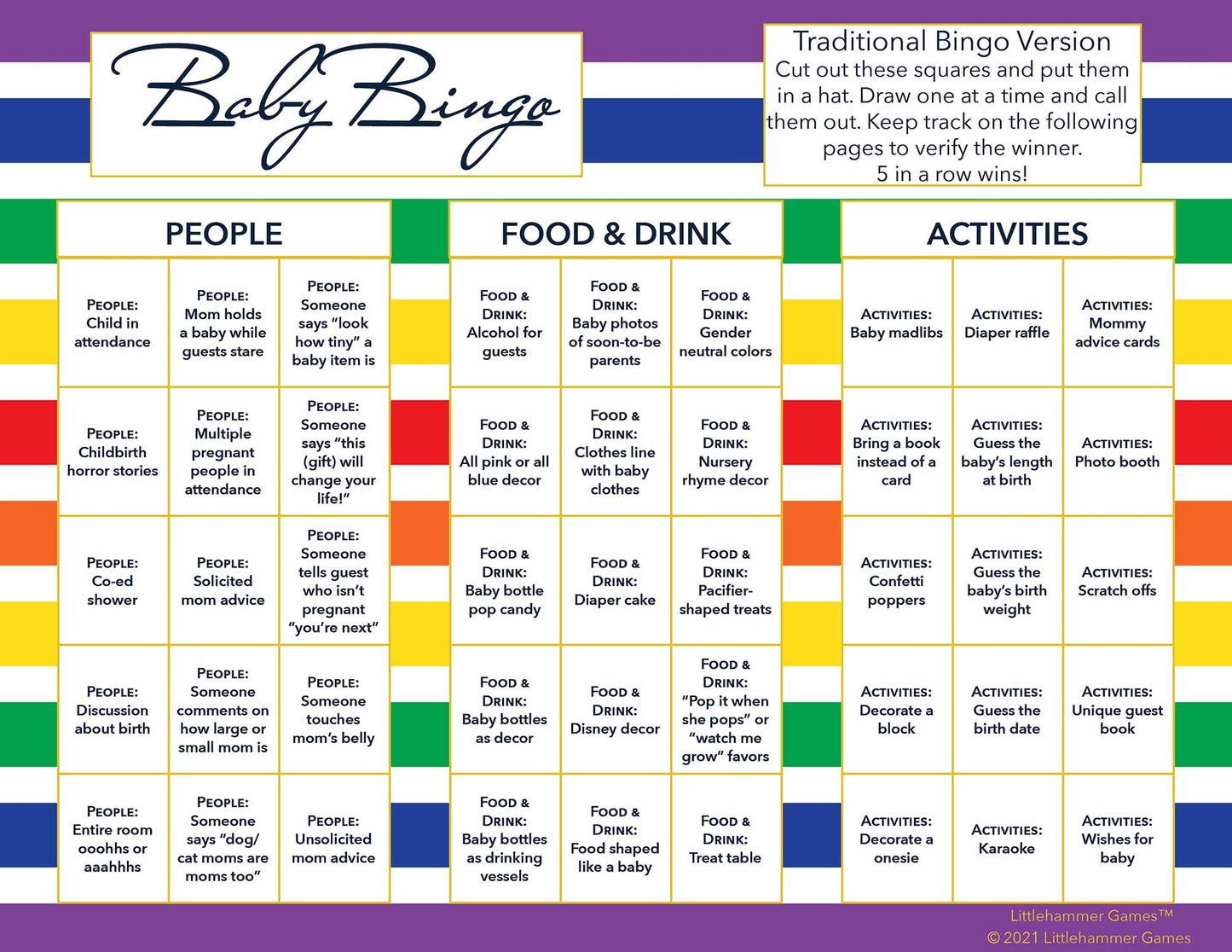 Baby Bingo calling card with a rainbow-striped background