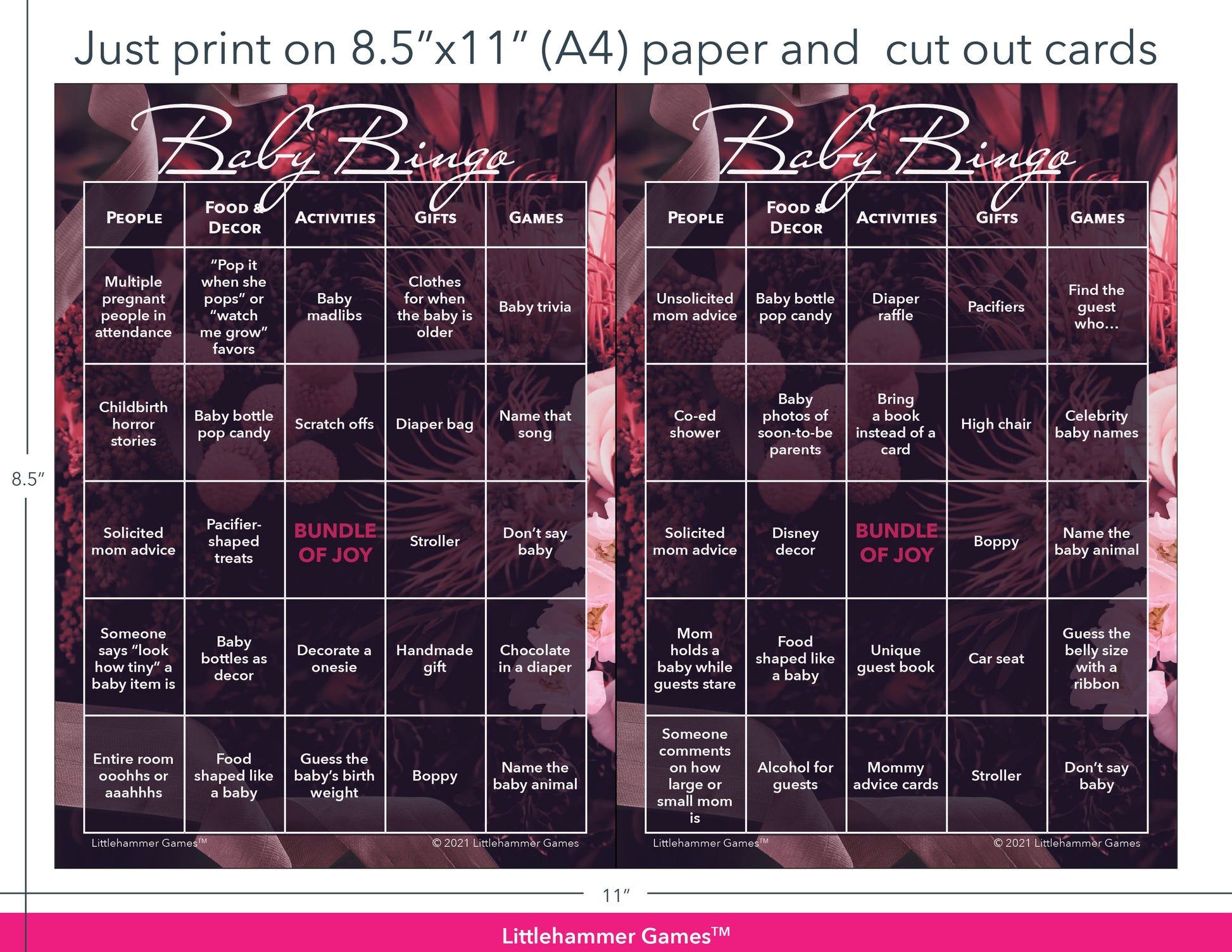 Dark floral Baby Bingo game cards with printing instructions