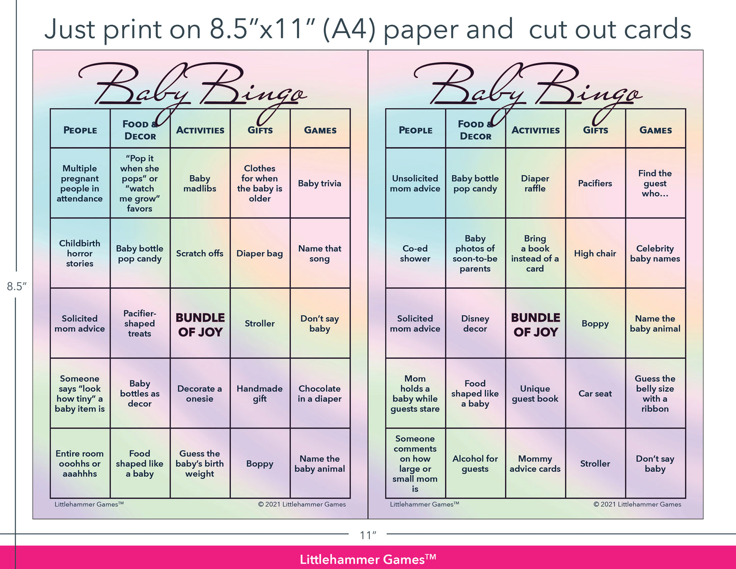 Holographic Baby Bingo game cards with printing instructions
