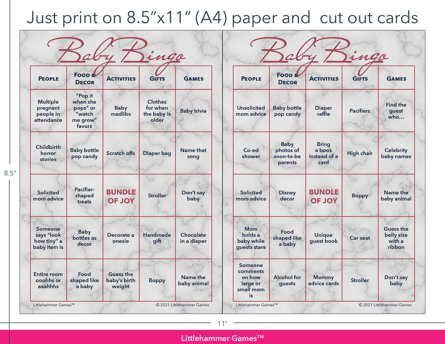Rose gold and marble Baby Bingo game cards with printing instructions