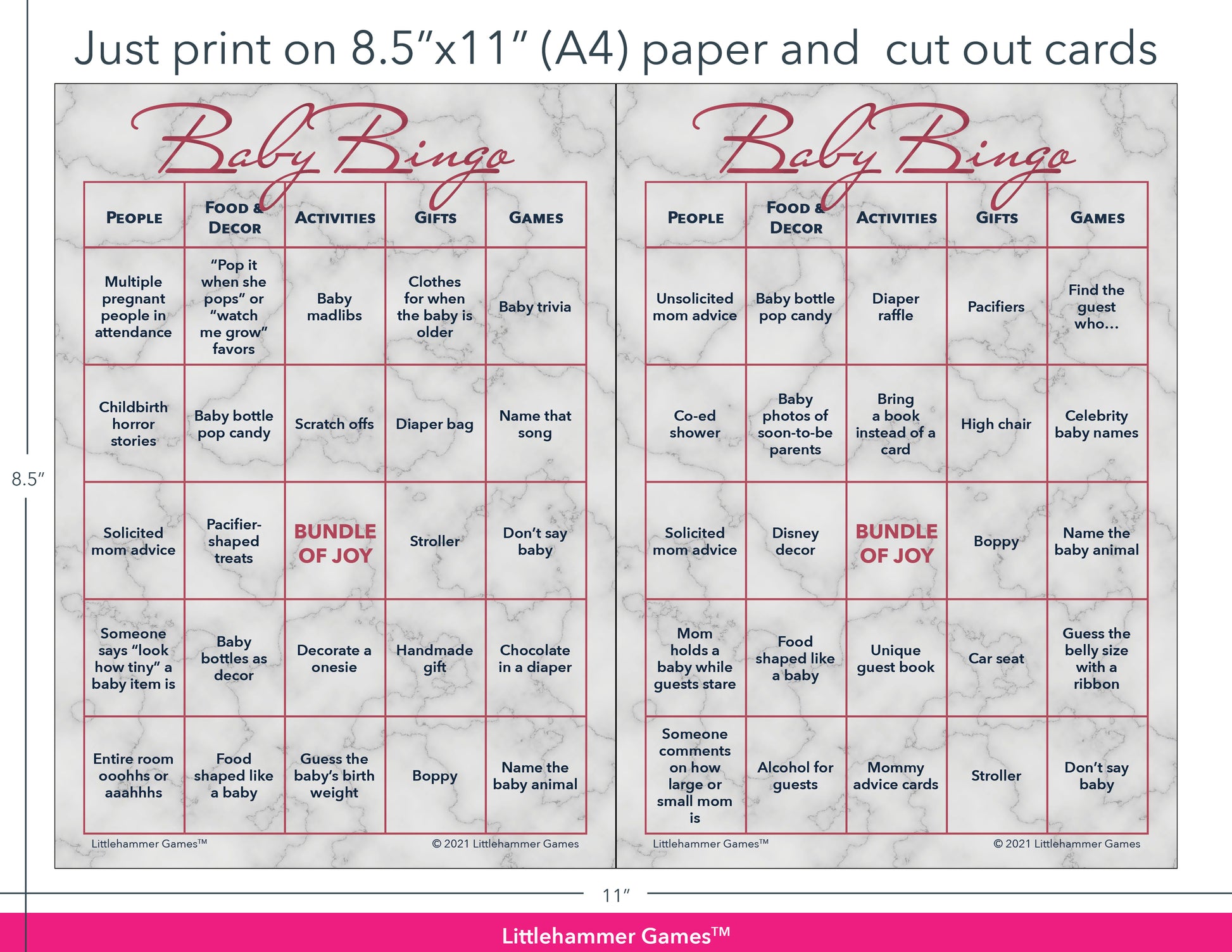 Rose gold and marble Baby Bingo game cards with printing instructions