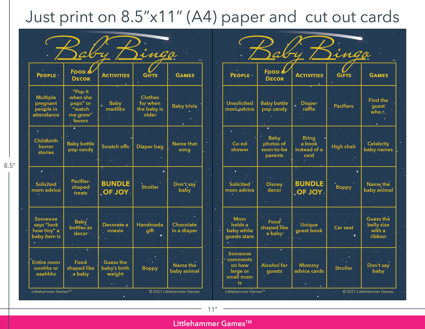 Celestial Baby Bingo game cards with printing instructions