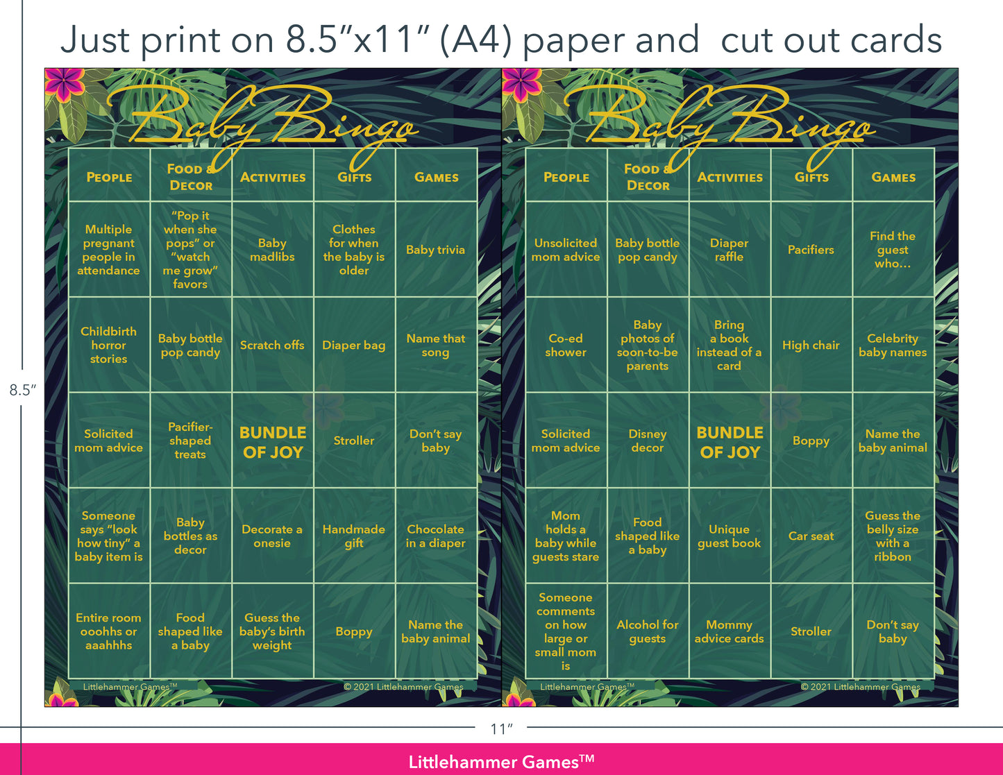 Tropical leaves Baby Bingo game cards with printing instructions