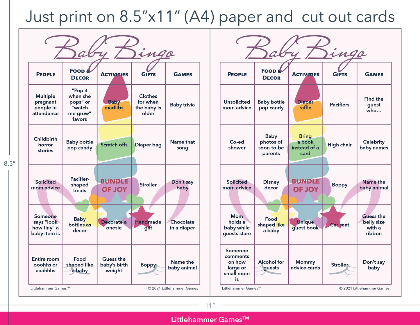Unicorn-themed Baby Bingo game cards with printing instructions