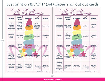 Unicorn-themed Baby Bingo game cards with printing instructions