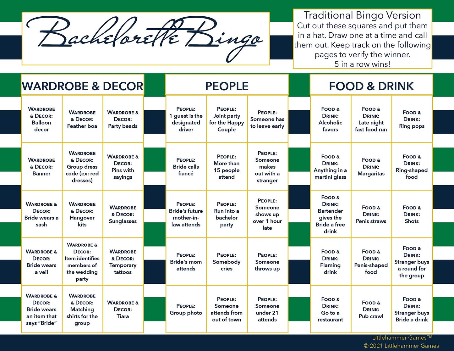 Bachelorette Bingo calling card with a green and navy-striped background