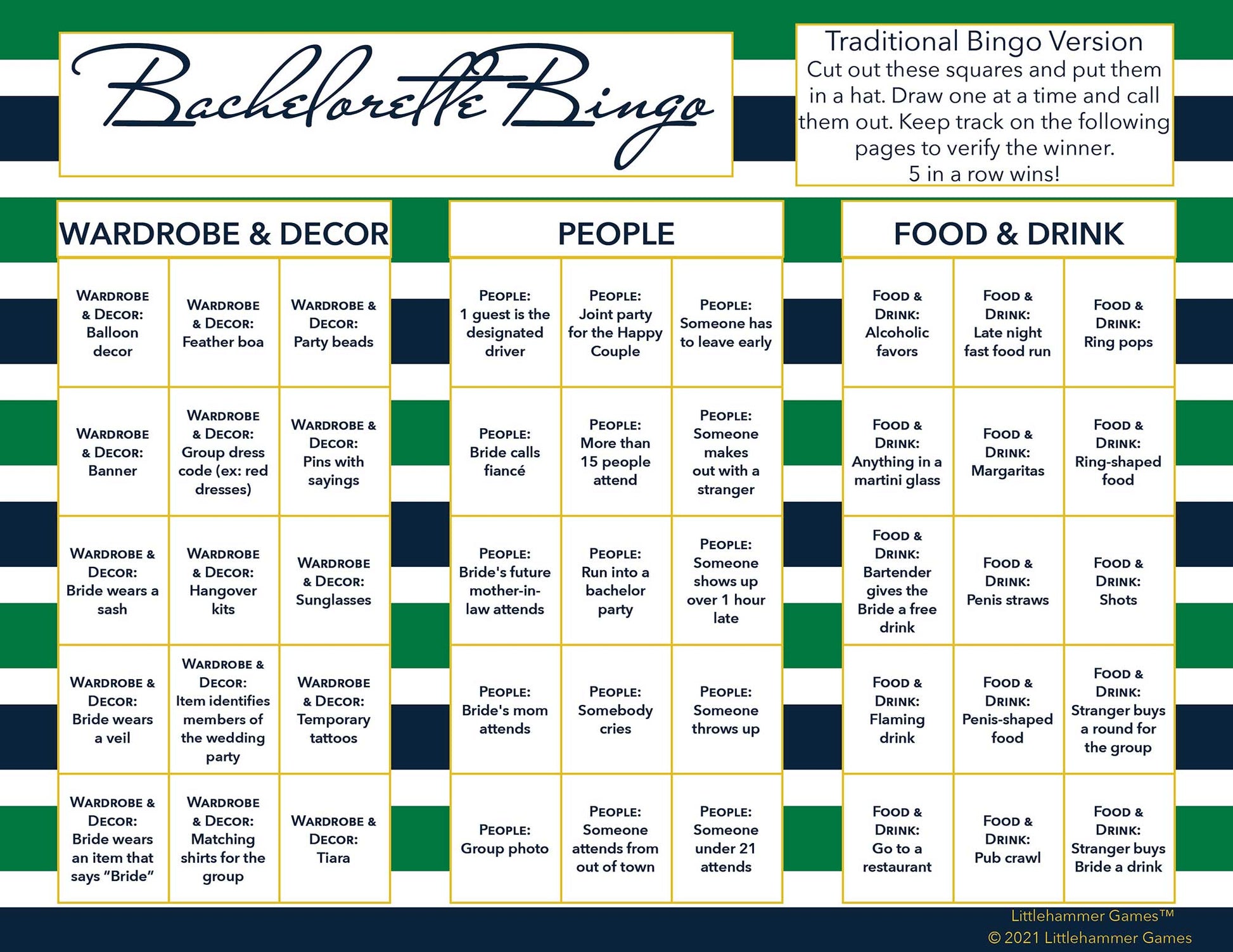 Bachelorette Bingo calling card with a green and navy-striped background