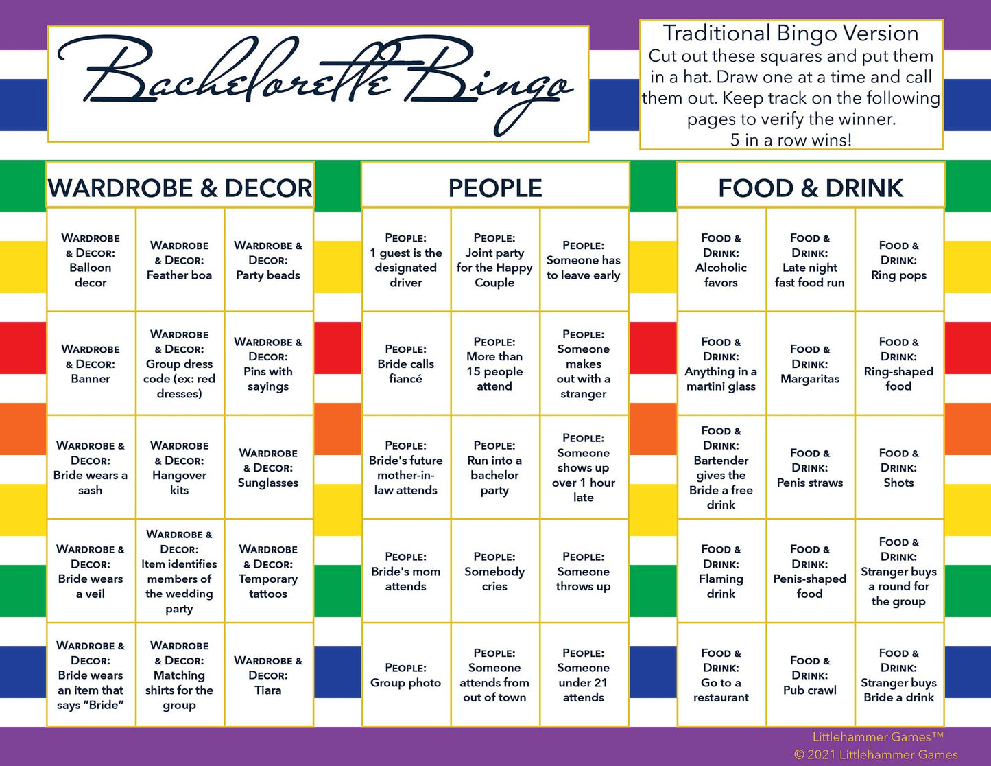 Bachelorette Bingo calling card with a rainbow striped background