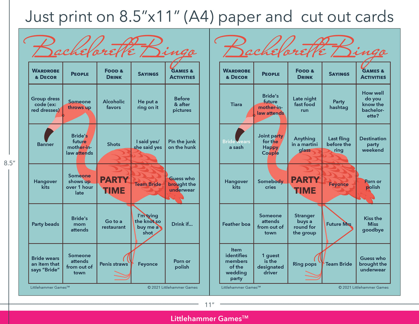 Flamingo-themed Bachelorette Bingo game cards with printing instructions