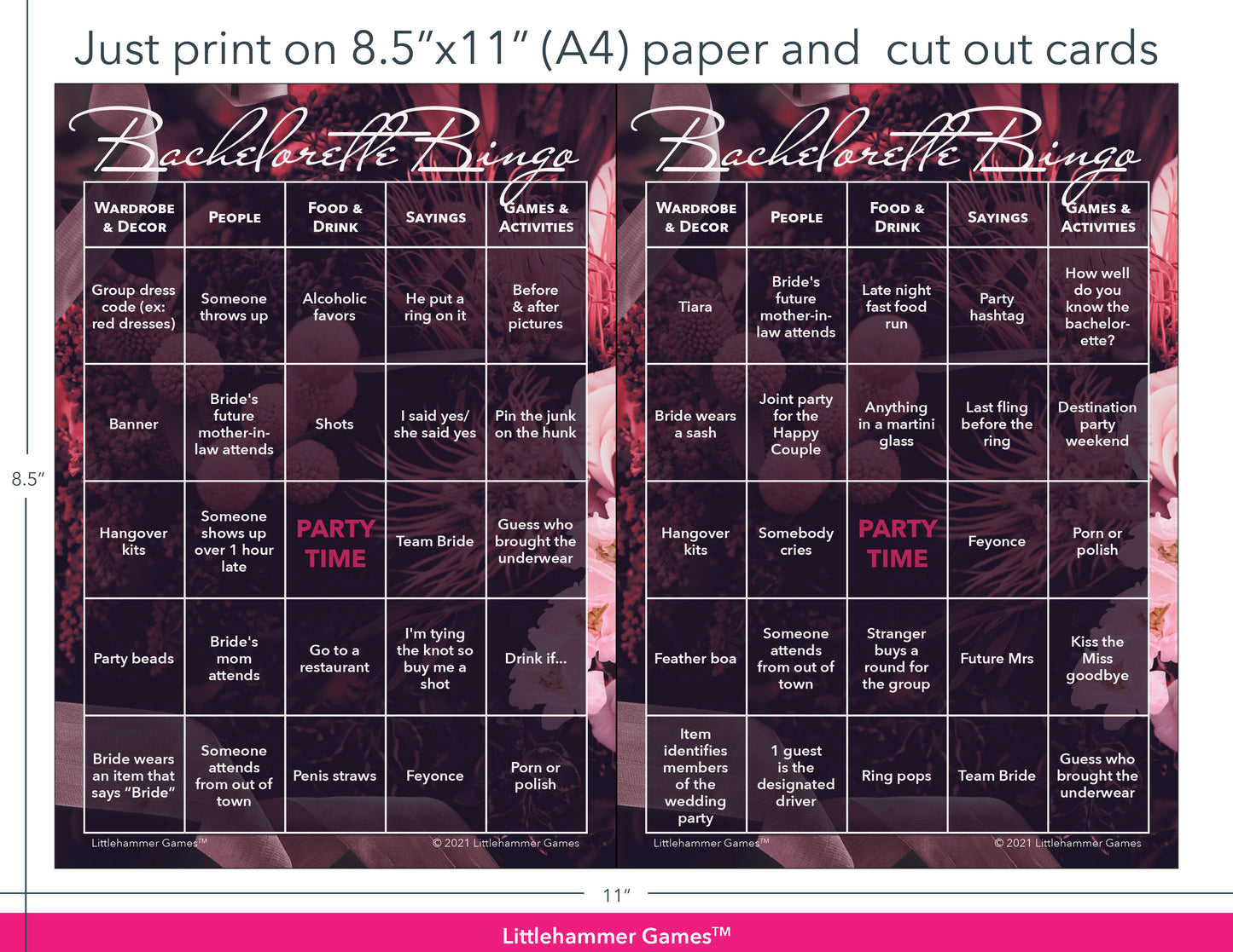 Dark floral Bachelorette Bingo game cards with printing instructions