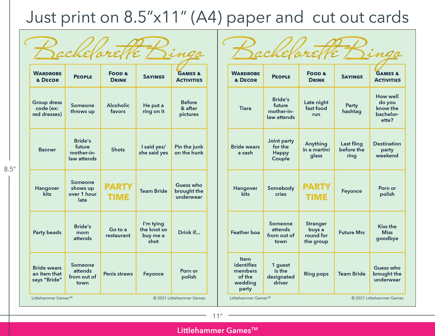 Mint and gold Bachelorette Bingo game cards with printing instructions