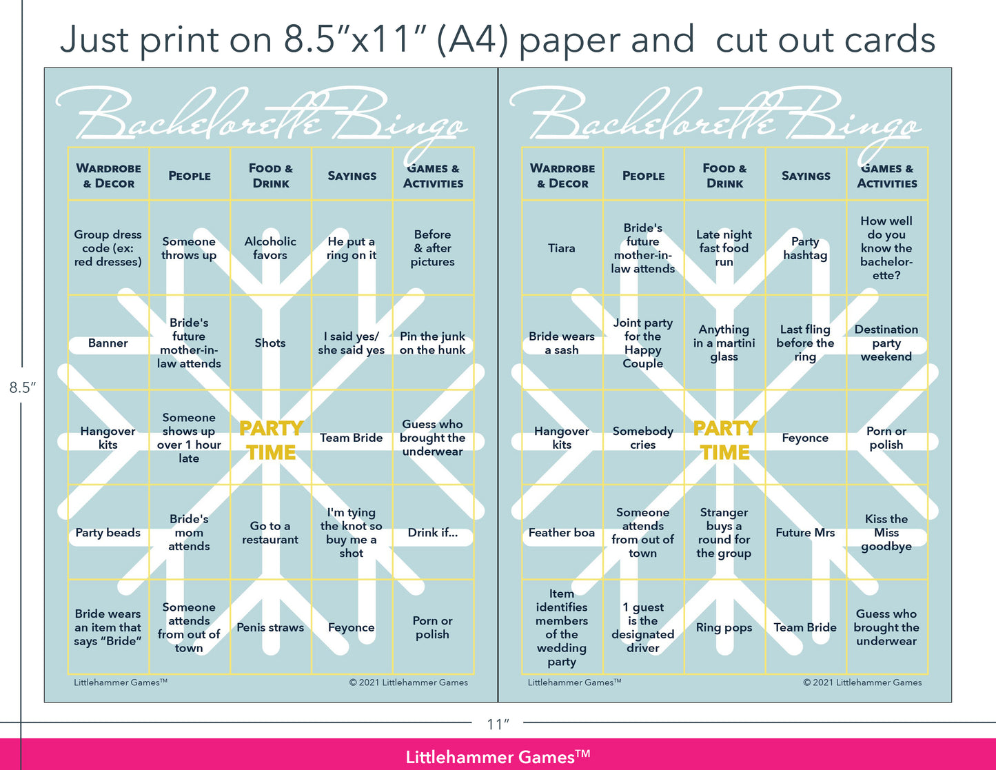 Snowflake-themed Bachelorette Bingo game cards with printing instructions