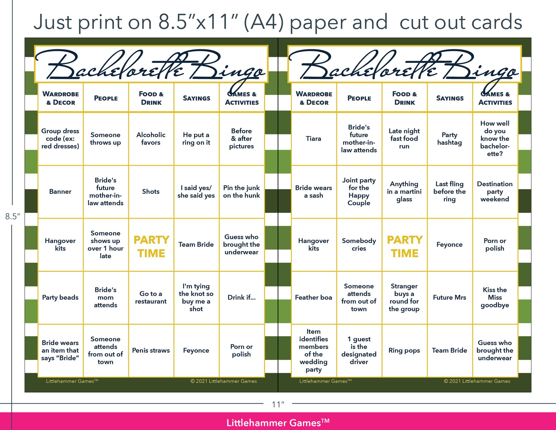 Green-striped Bachelorette Bingo game cards with printing instructions