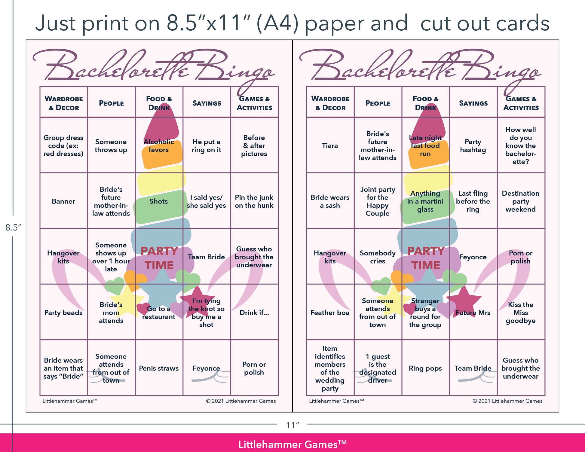Unicorn-themed Bachelorette Bingo game cards with printing instructions