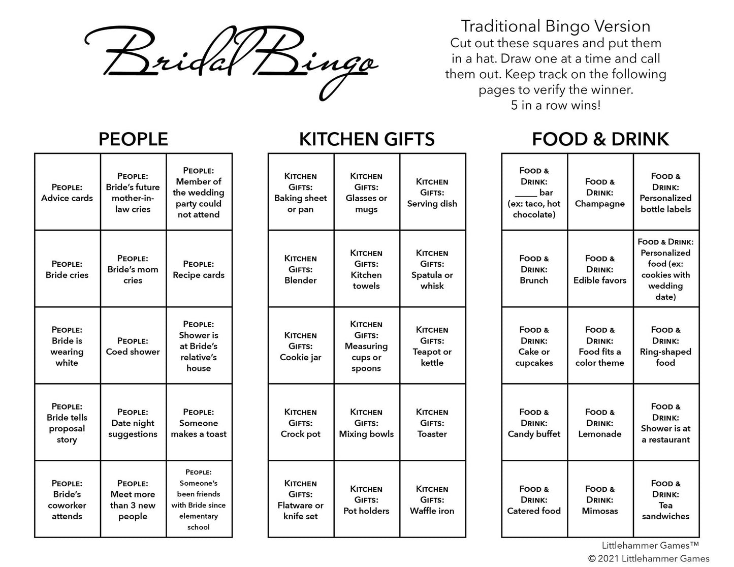 Bridal Bingo calling card with black text on a white background