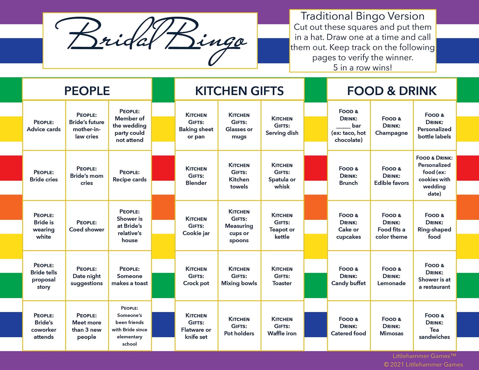 Bridal Bingo calling card on a rainbow-striped background
