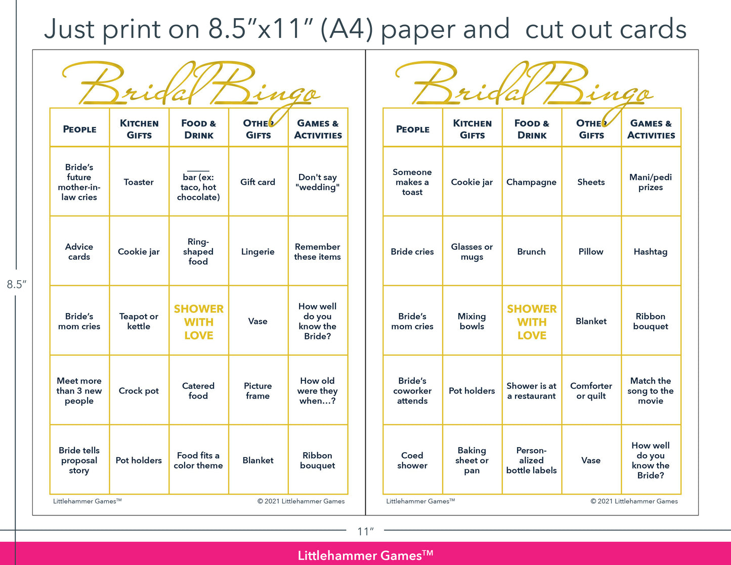 Gold and white Bridal Bingo game cards with printing instructions