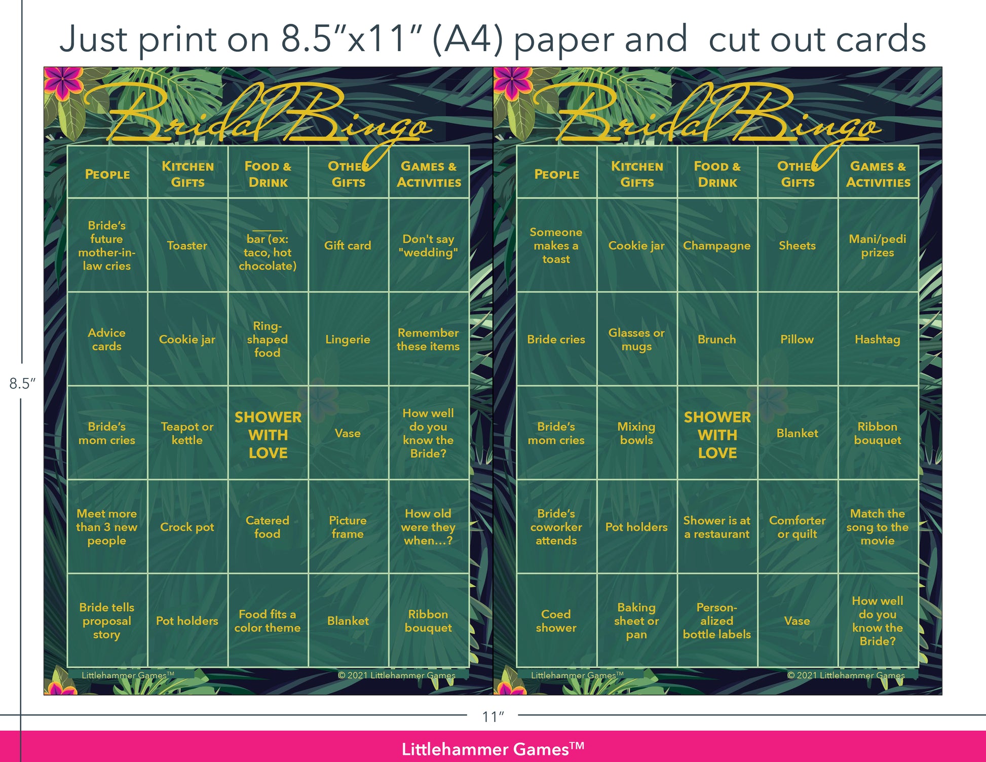 Tropical-themed Bridal Bingo game cards with printing instructions