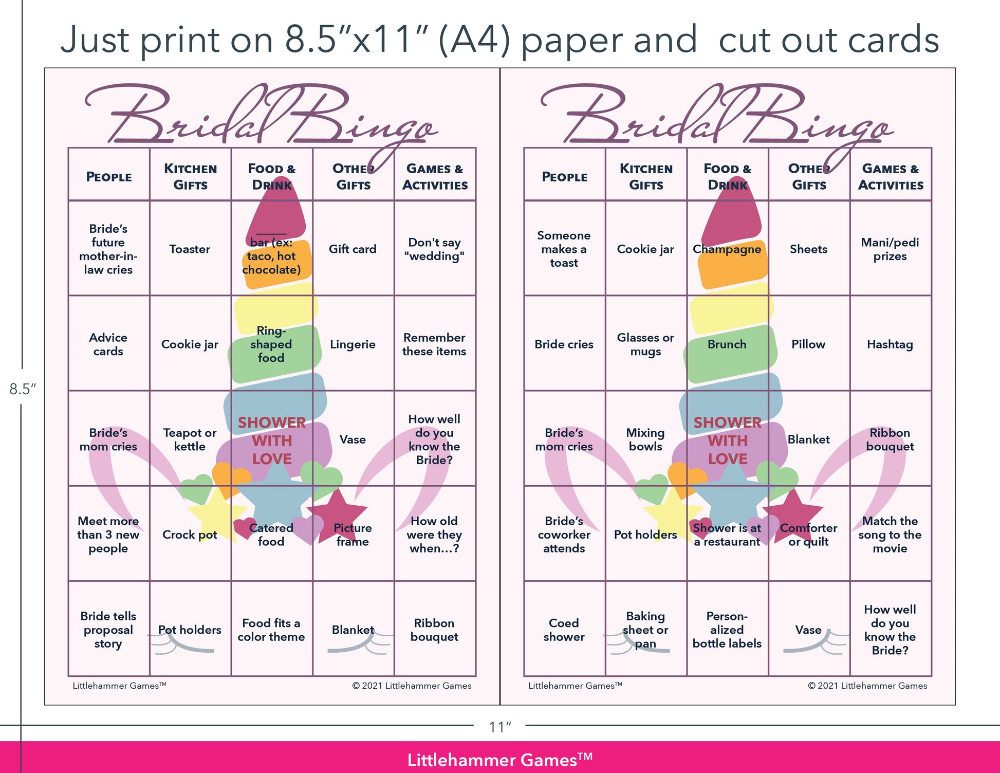Unicorn-themed Bridal Bingo game cards with printing instructions