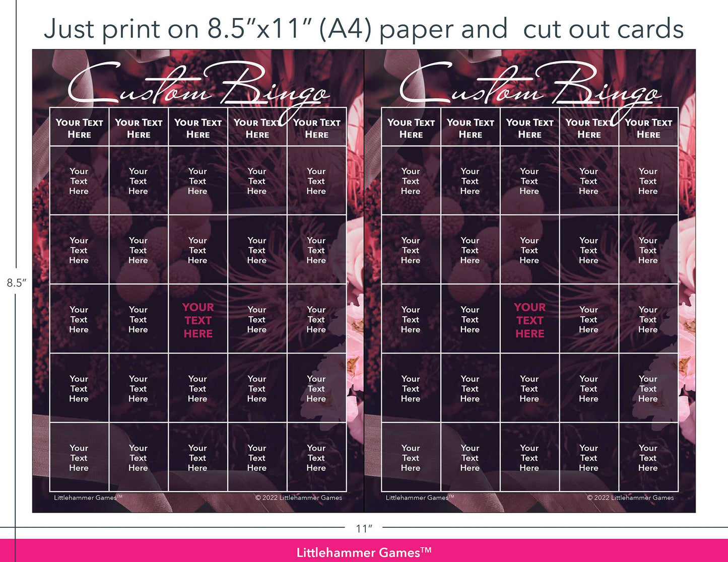 Dark floral Custom Bingo game cards with printing instructions