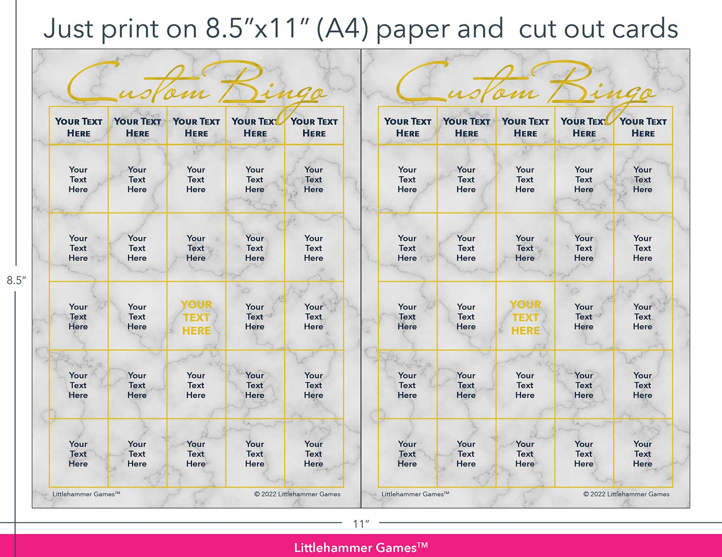 Gold and marble Custom Bingo game cards with printing instructions