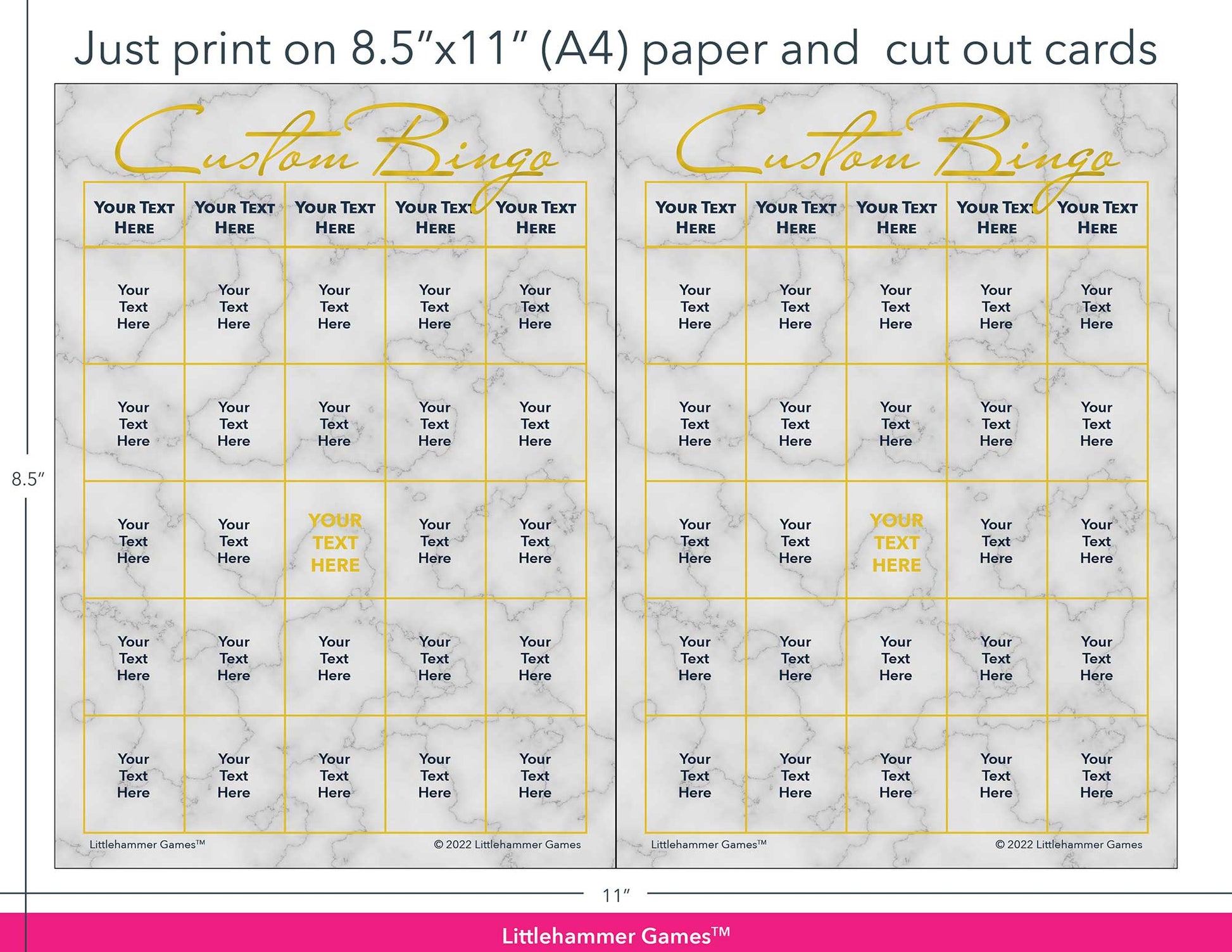 Gold and marble Custom Bingo game cards with printing instructions