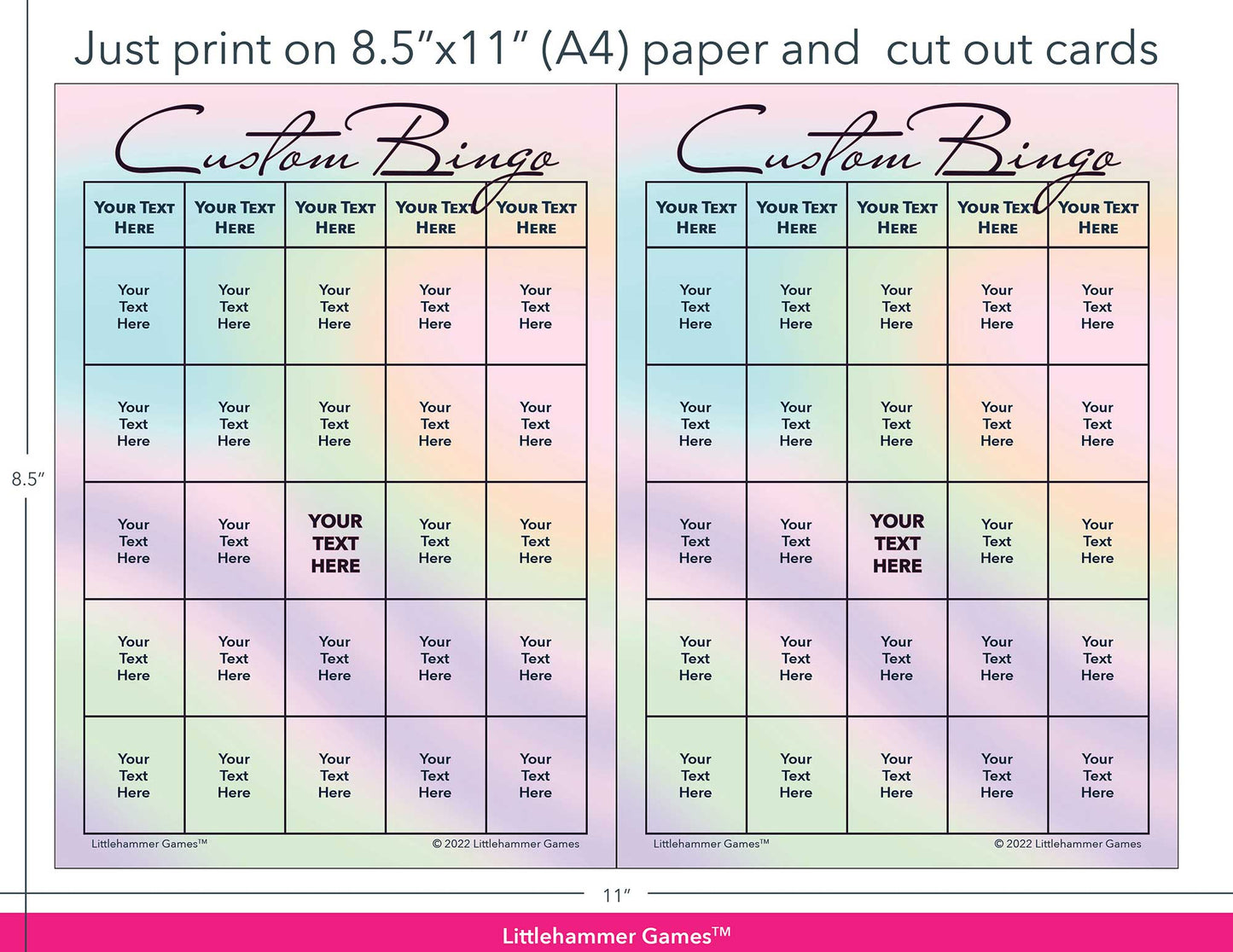 Holographic Custom Bingo game cards with printing instructions