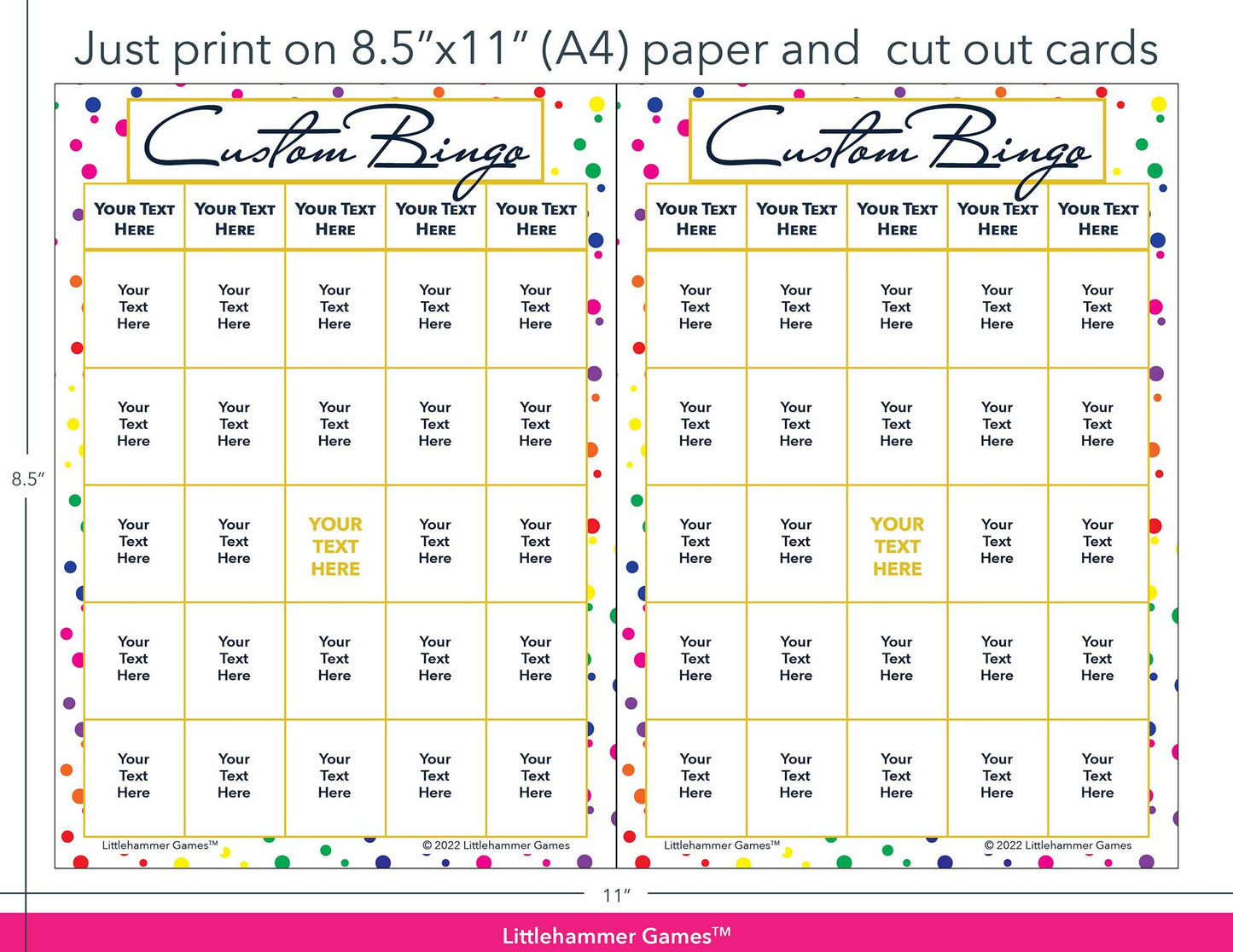 Rainbow polka dot Custom Bingo game cards with printing instructions