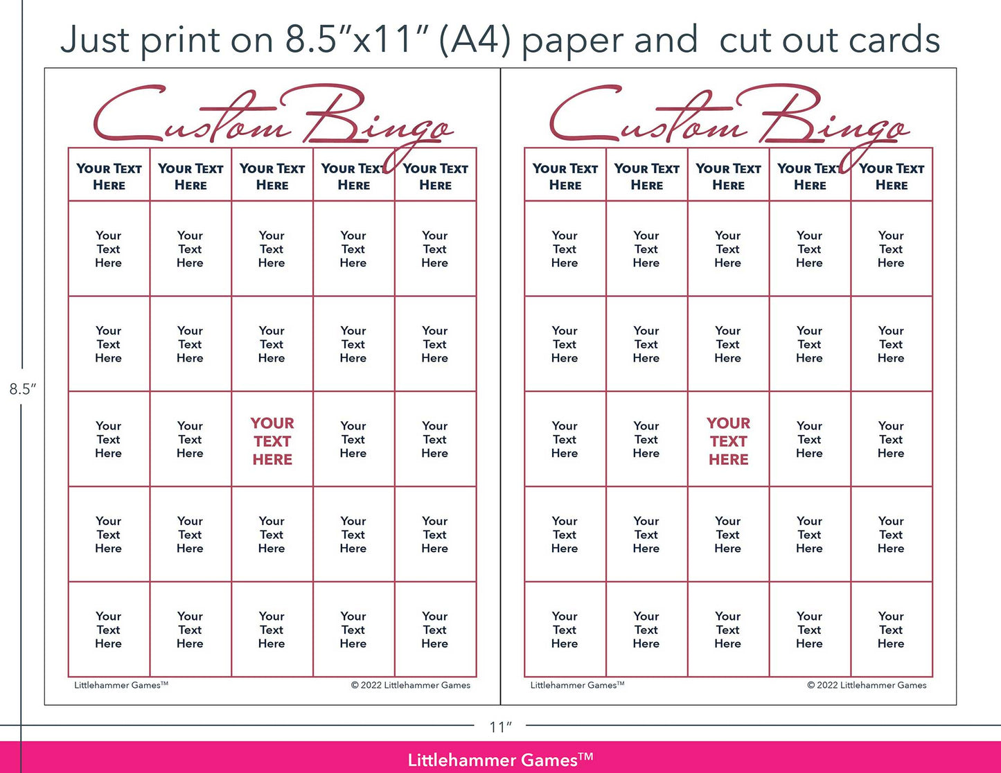 Rose gold and white Custom Bingo game cards with printing instructions
