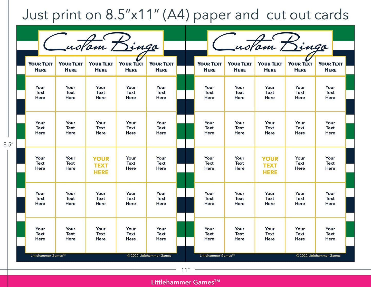 Green and navy-striped Custom Bingo game cards with printing instructions
