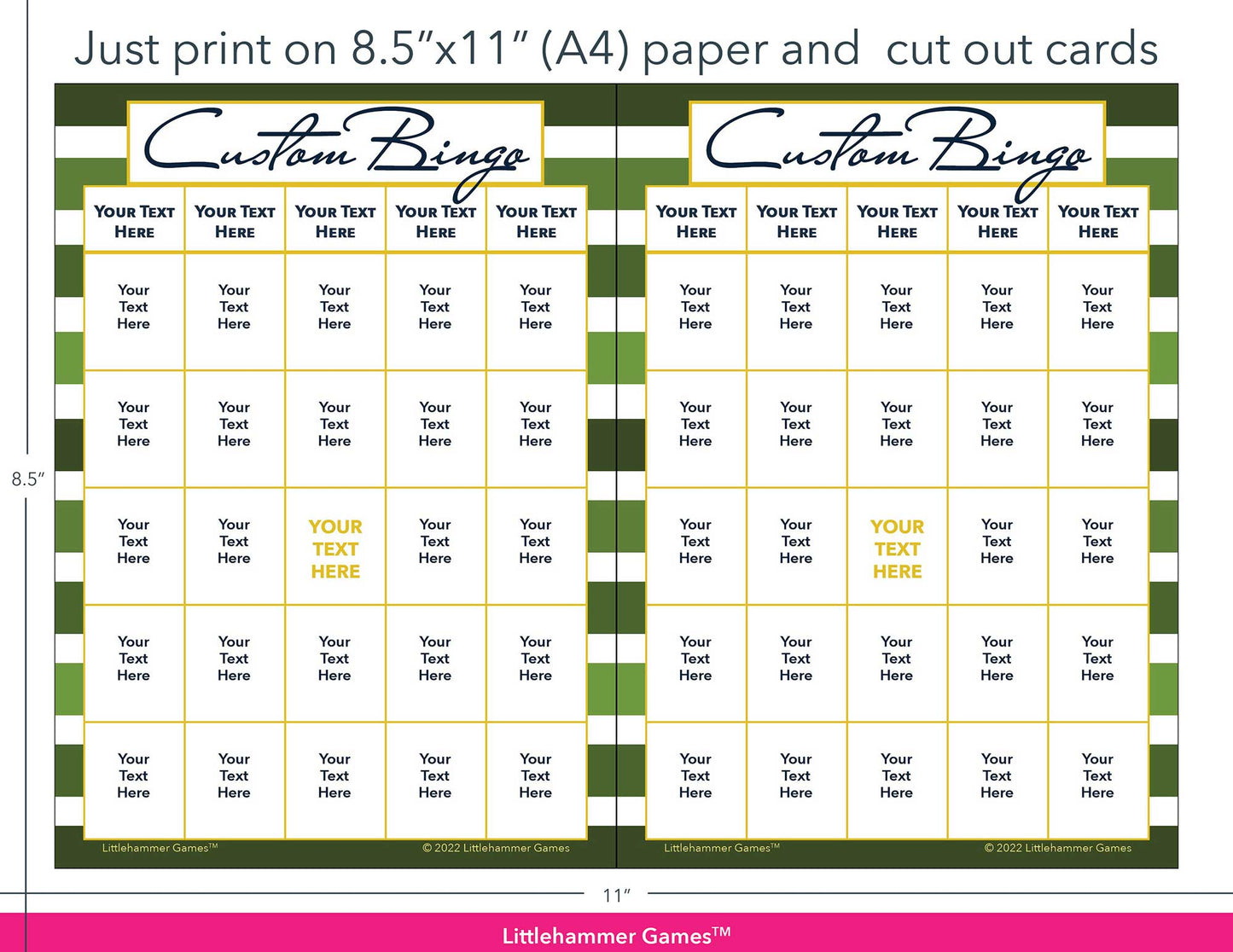 Green-striped Custom Bingo game cards with printing instructions