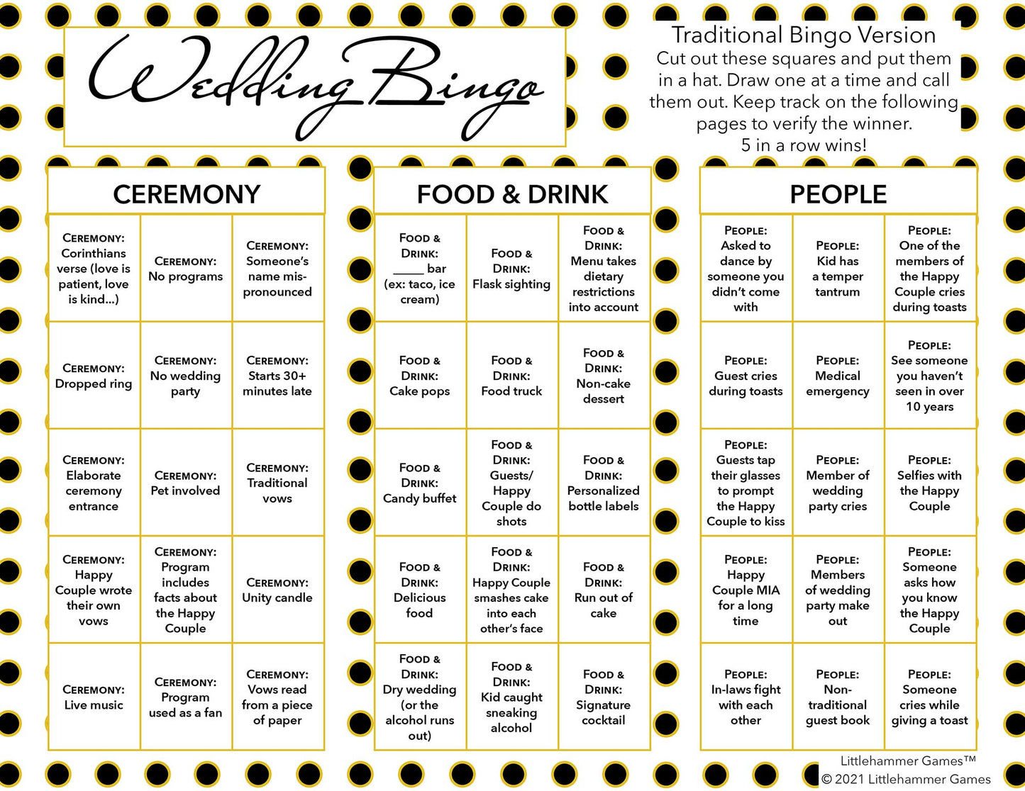 Wedding Bingo calling card on a black and gold polka dot background