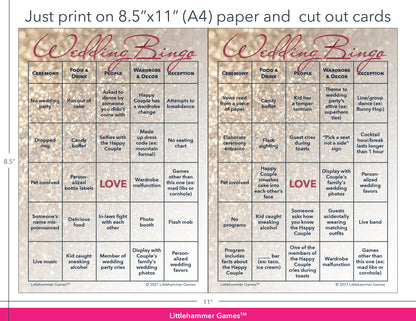 Glittery rose gold Wedding Bingo game cards with printing instructions
