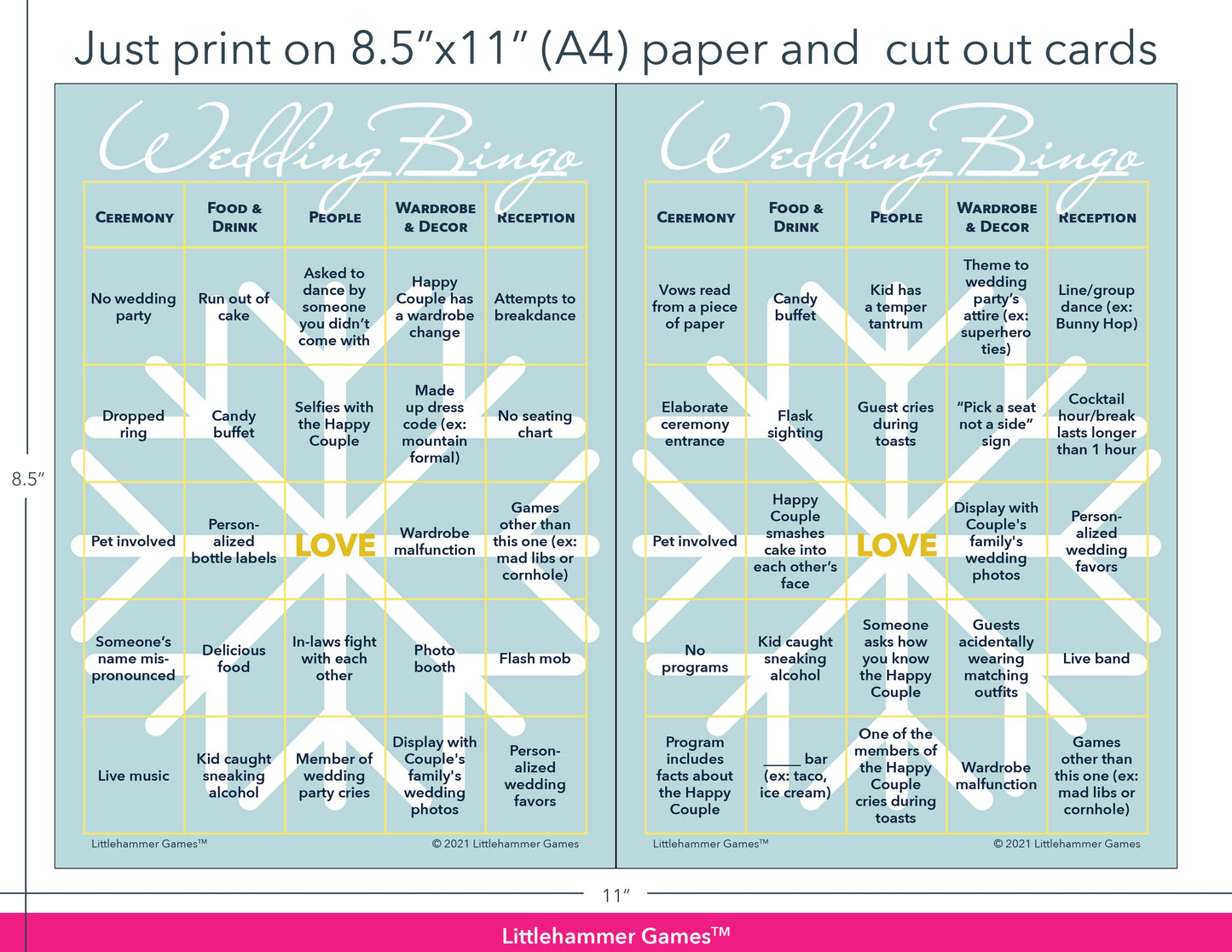 Snowflake themed Wedding Bingo game cards with printing instructions