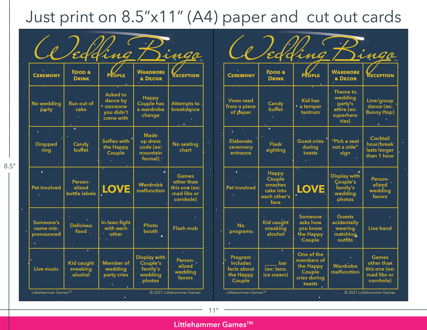 Celestial themed Wedding Bingo game cards with printing instructions